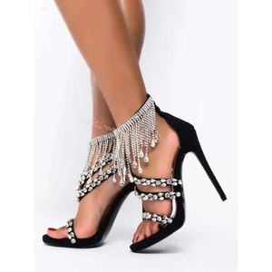 Rhinestone Toe Fringe Sandaler Bling Open Crystal Stiletto Heels Summer Sexy Women Shoes Casual Party Designer Z 332