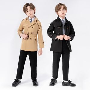 Set di trench casual di mezza lunghezza dei ragazzi elegante set di abbigliamento da gentiluomo (camicia bianca + trench + pantaloni + cravatta)