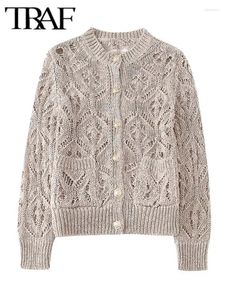 Kvinnors stickor stickade cardigans för kvinnor Jacquard Mesh Cropped Cardigan Woman 2024 Spring Jacket Lång ärm Kort stickad tröja