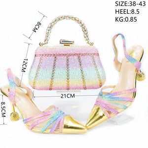 2024 women Ladies real leather summer sandals 8.5CM high heels Rainbow Rhinestone pillage toes pionted diamond with hand bag wedding shoes Elastic band size 38-43