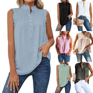 S Women Sleeveless High Neck Button Pleated Loose Casual Vest leeveless