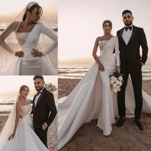 Dubai Arabic Middle East Plus Size Mermaid Wedding Dresses Long Sleeve Sequins Pearls Satin Chapel Train Wedding Dress Bridal Gowns 238L