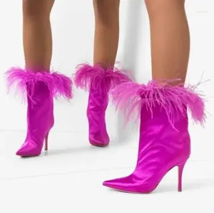 Buty Dipsloot Pink Black Silk Feather Mid Calf Woman 9 cm cienkie obcasy spiczaste palce na krótki futra duże rozmiar 47