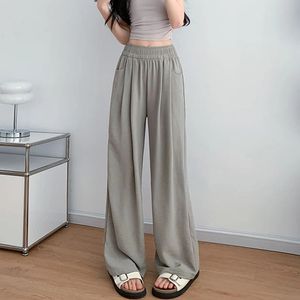 2024 Summer Ice Silk Wide Leg Pants Women Thin Loose Ladies Casual Pants Slimming Y2K Women with Pockets Mop Pants Slim Body 240524