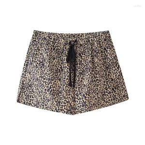 Kvinnors shorts leopardtryck för kvinnor våren sommar sexig snörning upp fickdekoration botten elastisk semester strandstil lös