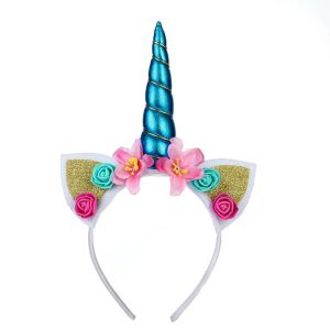 Party Unicorn Hairband Tiara DIY Flower Horn Ears Hair Accessories Bands Xmas Birthday Glitter Headband For Kids Hair Hoop 1PC
