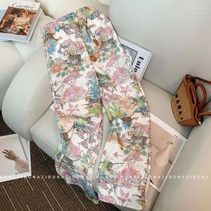 Calça feminina de verão impressão de seda de seda feminina fina de perna larga feminina designer de luxo de luxo na cintura reta Bohemian Beach Fashion fvkbm