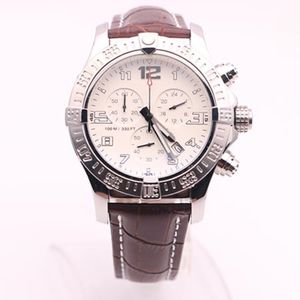 Dhgate vald leverantörsklockor man Seawolf Chrono White Dial Brown Leather Belt Watch Quartz Battery Watch Mens Dress Watches 208h