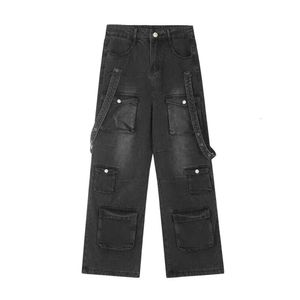 Amerikansk stil hög multi ficka bred jeans, herr trend lös gata hip-hop raka benbyxor