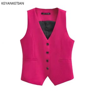 Keanketian vneck pojedynczy piersi Rose Rose Red Rose Kamizelki Kobiety Szczupły krótkie modne asymetryczna cienki warstwa bez rękawów 240523