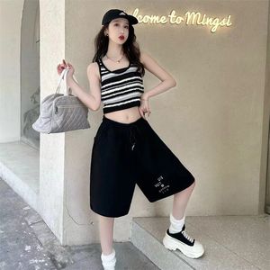 OS Drop Shoulder Shorts Women Daily Letter Print Fashion Black Short Trousers 320G Cotton Personality M TO 5XL Casual Pants With Tag