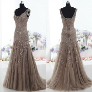 Actual Images Vintage Mother of the Bride Dresses Mermaid V Neck Applique Beads Tulle Corset Custom Mother Dress Formal Evening Gowns 2326