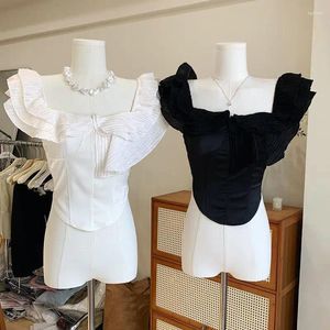 Женские блузки от плеча Ruffle Sexy Top Сладкая французская белая рубашка Женщина летняя шикарная тонкая одежда с коротким рукавом