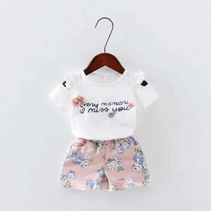 Zestawy odzieży Baby Girl Odzież kwiatowy nadruk krótkie rękawowe T-shirt+spodnie 2-częściowe dziecięce zestaw WX5.233745