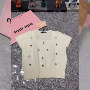 Frauen Strick -T -Shirts Mi24 süßer Stil schwerer Industrie Diamant Dekorative Quadrathülle kurz gestrickte Oberseite