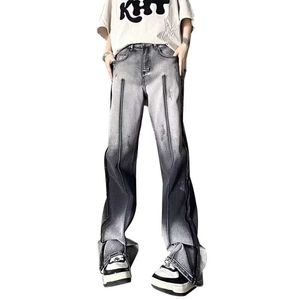 2023 Spliced Jeans Men's Old American Zipper High Street Trend Gradient Straight Loose Wide Leg Long Pants