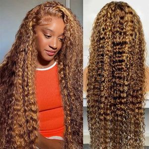 Sentetik peruklar 100 yoğunluk 30 inç yükseklikli bal kahverengi remy kıvırcık dantel ön insan saç peruk 13x4 ohm derin dalga q240523