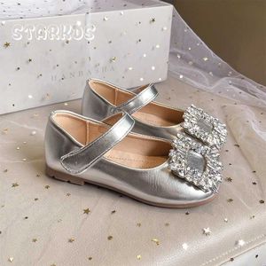 Flat shoes Luxury crystal square buckle ballet apartment suitable for children and girls silver leather Mary Jens childrens brand design elegant dress Q240523