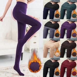 Women Socks Winter Thermal Sock Pants For High Waist Elastic Fleece Pantyhose Solid Color Insulated Tights Slim Warm Leggings Out Wear