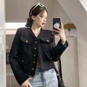 Women's Jackets Black Cropped Tweed Women Vintage Tassel Basic Short Coats Korean Elegant Single-Breasted Casual Outerwear Spring Fais