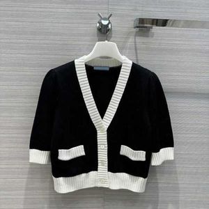 Kvinnors tröjor Spring Black Contrast Color Brodery Sticked Cardigan Sweater Sleeve V Neck Paneled Single Breasted Tops W DA BRCW