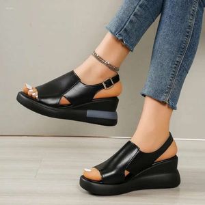 Women Solid Sandals 2024 Summer Wedge Color Open Toe High Heels Casual Ladies Buckle Strap Fashion M 38f