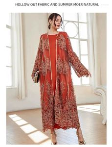 Etnik Giysiler Örgü Nakış Açık Abaya Kimono Müslüman Kadınlar İç Elbiseler Set Dubai Kaftan Türkiye Akşam Elbise Fas Kaftan