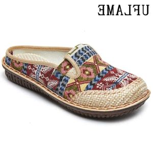 Slipper 91 Women Ethnic Slippers Embroidery Summer Flat Shoe Linen Wedge Cloth Shoes Soft Sole Walking Elderly Sandal Ladies Slip-on Muller 230520 58a s s