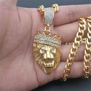 14K Gold Crown Lion Chain Head Pendant Iced Out Bling Golden Color Animal Necklace for Men Hip Hop Jewelry