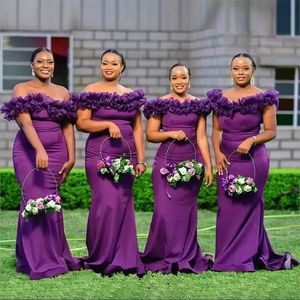 Seksi Mor Nedime Elbise Afrika Ülke Düğün Konuk Elbise Omuz Kapalı Ruffles Denizkızı Elastik Saten Partisi Onur Gowns Plus Boyut