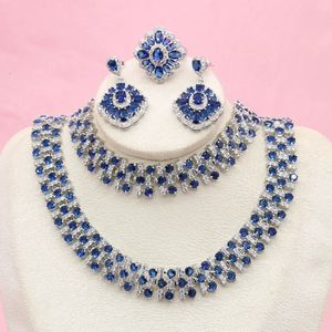 Дизайн Королевские голубые камни наборы колье серебряного цвета Свадебные украшения для женщин Серьги кольцевой браслет подарочная коробка 240524