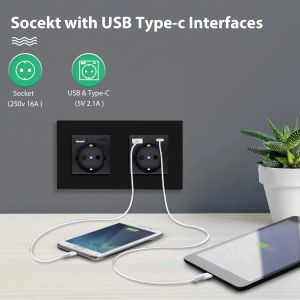 BSEED 1/2/3Gang Touch Light Interruttore del sensore Sensore 1 Wale Wall Electric Wiked con Socket USB Type-C Glass Standard Black