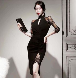2020春の新しいリスティングファッションドレスブラックホローパースペクティブスプリットセクシーレースドレス女性気質oオフィスレディドレス2187056
