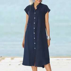 Casual Dresses Shirt Maxi Dress for Women 2024 Sommar Single Breasted Short Sleeve Stand Collar Loose Tickets Mid Length