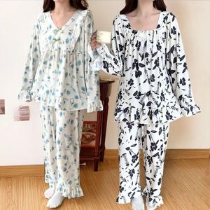 Women's Sleepwear Latest Pyjamas Plus Size Spring Fall Pajamas Ice Silk Long Sleeve Nightdress Ladies Loose Home Wear Set V-neck Floral