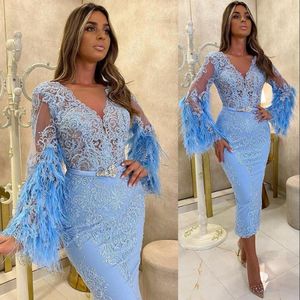 2021 New Sky Blue Arabic Aso Ebi Short Prom Dresses Long Sleeves Lace Appliques Feather Tea Length Evening Gowns For Girls Cocktail Dre 263b