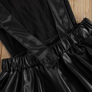2021 Fashion Kids Girls Solid PU Leather Ruffles Short Sleeve Backless Knee Length A-Line Dress