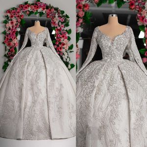 Designer Ball Gown Wedding Dresses Luxury 3D Lace Appliques Long Sleeves Backless Zipper Pleat Court Gown Custom Made Bridal Plus Size Vestidos De Novia