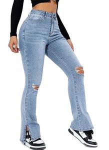 Women's Jeans 2023 Winter New Womens High Waist Tear leg Stitch Jeans Fashion Slim Fit Elastic Denim Straight Leg Casual Trousers S-2XL Q240523