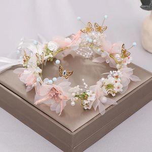 Headpieces Pink White Flower Headbands Bracelet Pearl Crystal Hair Hand Ribbon Bridal Wedding Accessories Jewelry Vines Butterfly Band