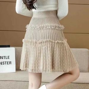 Skirts Womens sheer patchwork with fluffy leather Korean style high waisted knitted point pleated leather womens spring simple full matchin