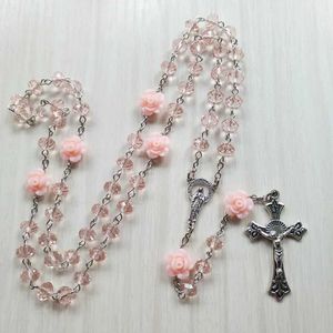 Pendant Necklaces QIGO Pink Crystal Rose Necklace Catholic Retro Cross Pendant Long Necklace Religious Jewelry S2452206