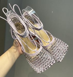 2022 Designers Women High Heel Sandals Slippers läder Rhinestone Mesh Sandal Top Sparkle Stretch Ladies Party Wedding Dress Shoe3804823