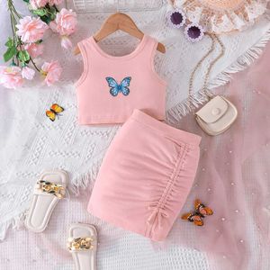 Set di abbigliamento per bambini e ragazze set di 4-7 anni top rosa senza maniche elegante imballaggio in pelle fumetto farfalla estate baby wx5.23