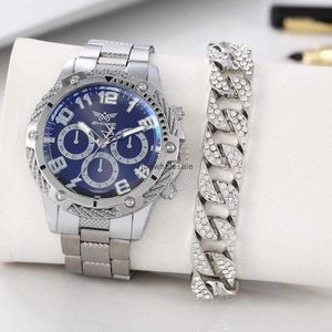 2024Fashion Business Mens Watch Fake Three Eyes Grand Mens Steel Band Watch+Hip Hop Bracelet Two Piece Set Watch