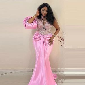 Pink Aso Ebi Prom Dresses With Lace Appliques Puffy Half Sleeve Mermaid Evening Dress For Women Satin Plus Size Special Occasion Gown 2024