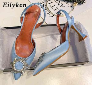 Eilyken Rose Red Women Purss Silk Satin Pointed Oe Crinestone Crystal High Heels Женские свадебные платья на каблуках Mules2598554