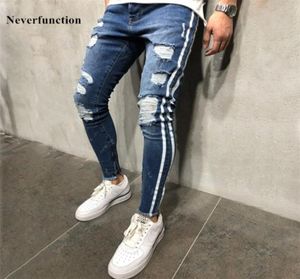 New Men Slim fit Knee Holes hip hop skinny jeans fashion Side white stripe Distressed Ripped Stretch Streetwear Denim trousers 2108819832