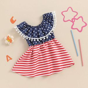 Självständighetsdagar 0-4Y Kids Girls Summer Star Stripe Print Off-Shoulder Beach Party Tassel A-Line Dress