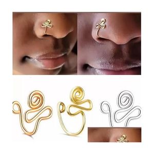 Nose Rings Studs Copper Wire Spiral Fake Piercing Punk Gold Sier Color Clip Also Can Be Ear Clips Cuff Drop Delivery Jewelry Body Otgiy